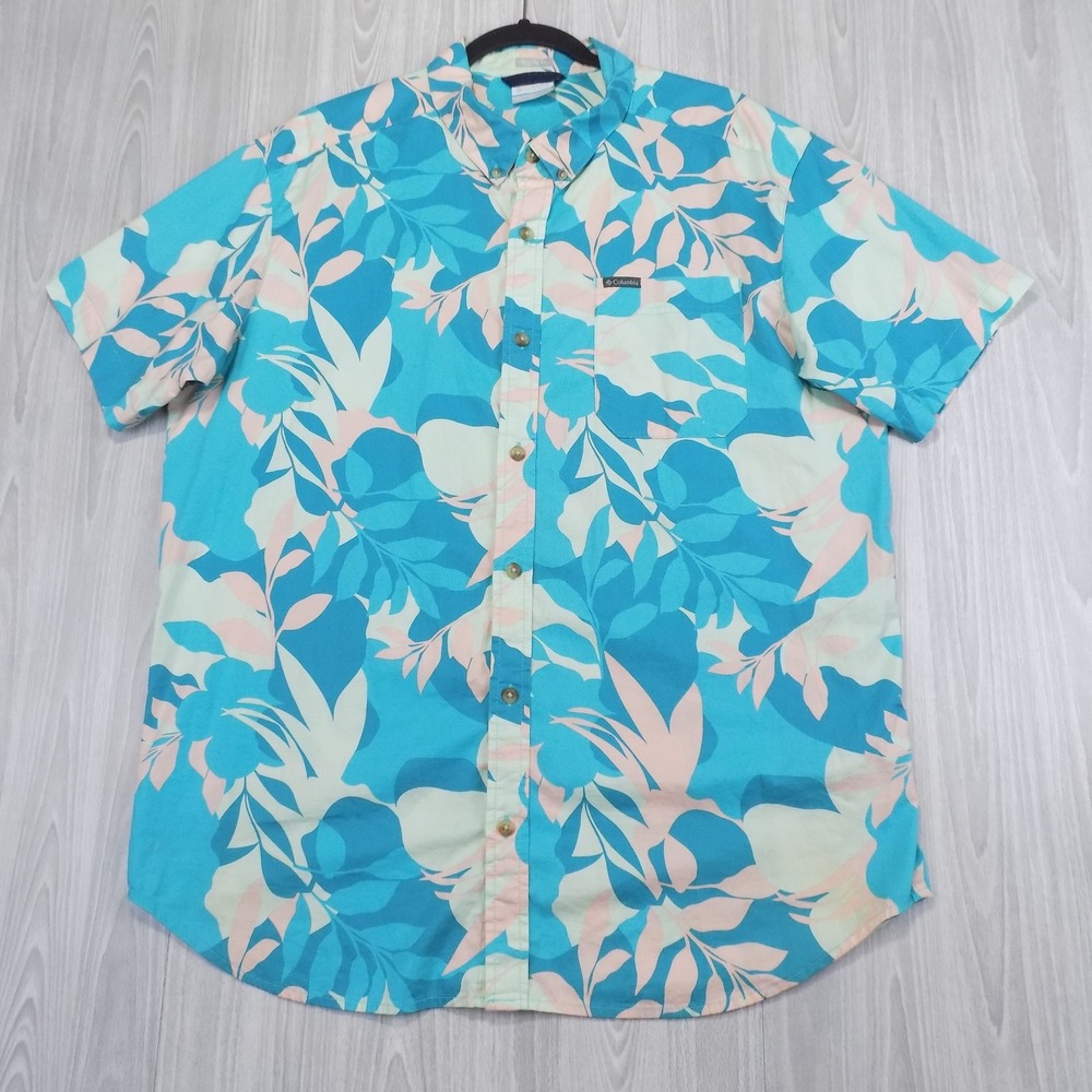 Columbia Short Sleeve Shirt Mens L Blue Tropical Leaf Button Down EUC